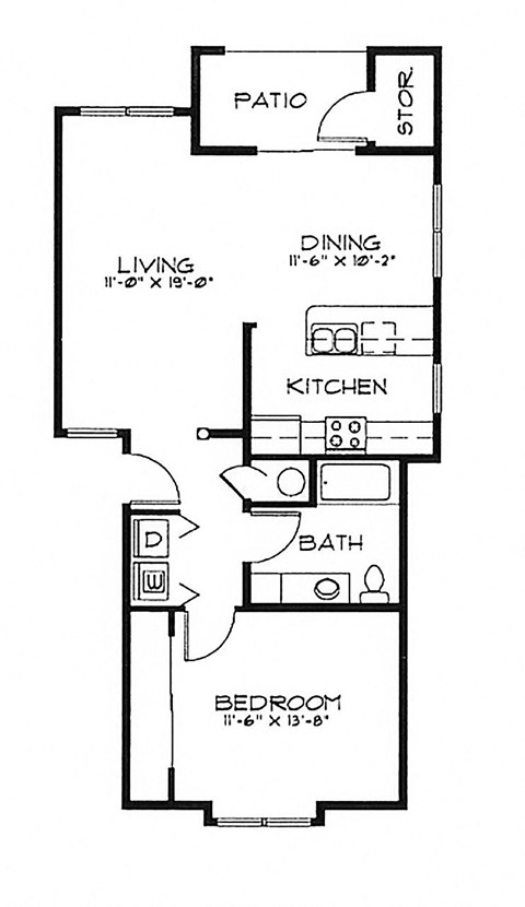 Floor plan for 1 bed, 1 bath, 831 sqft